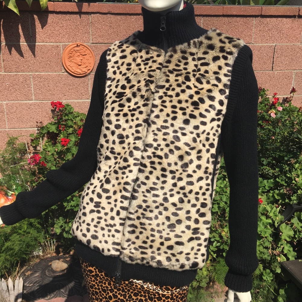 Topshop Leopard Animal Print Knit Faux Fur Sweater Luxurious Size 2 Winter Fall